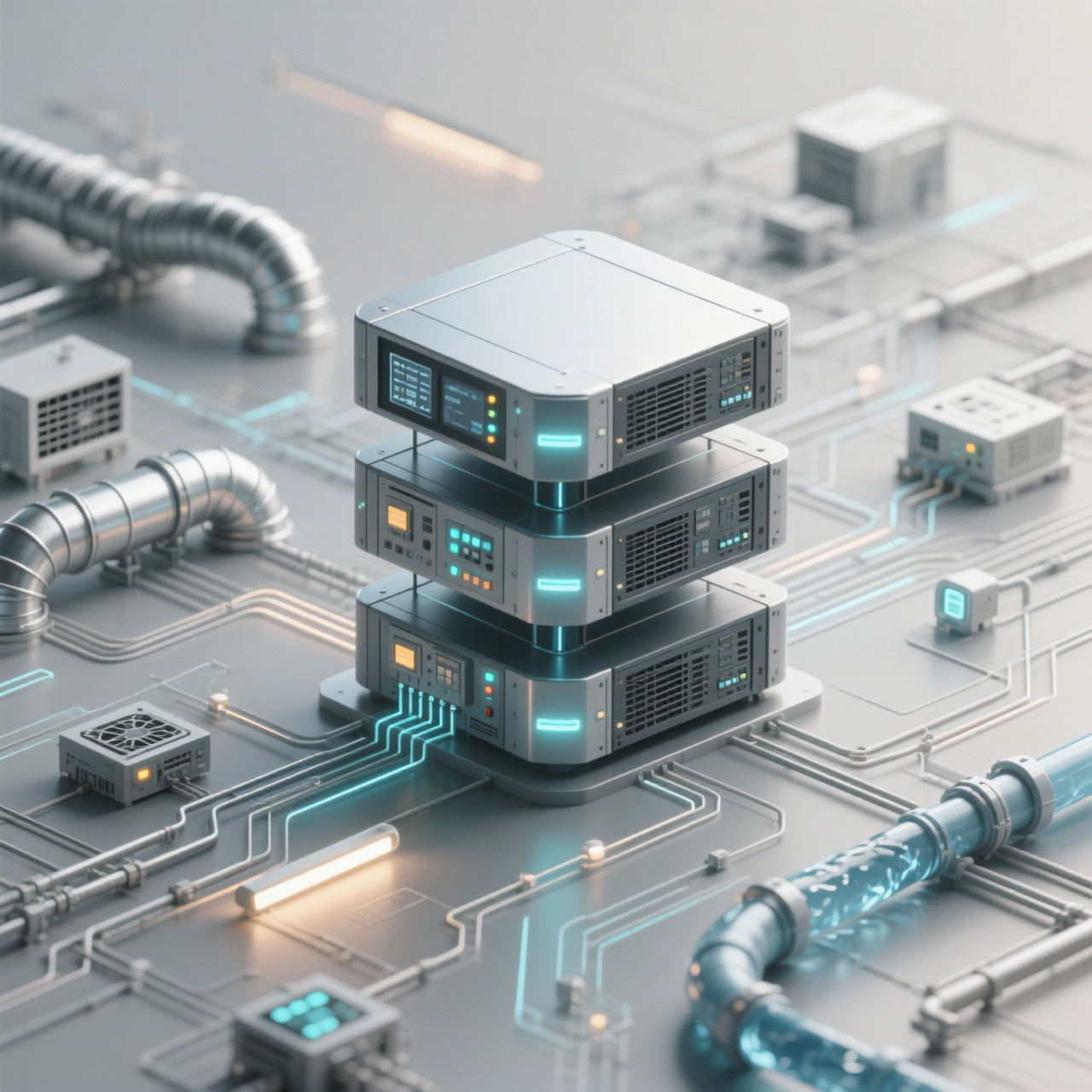 3D render of modular server units with displays and cyan lights in a high-tech industrial environment.